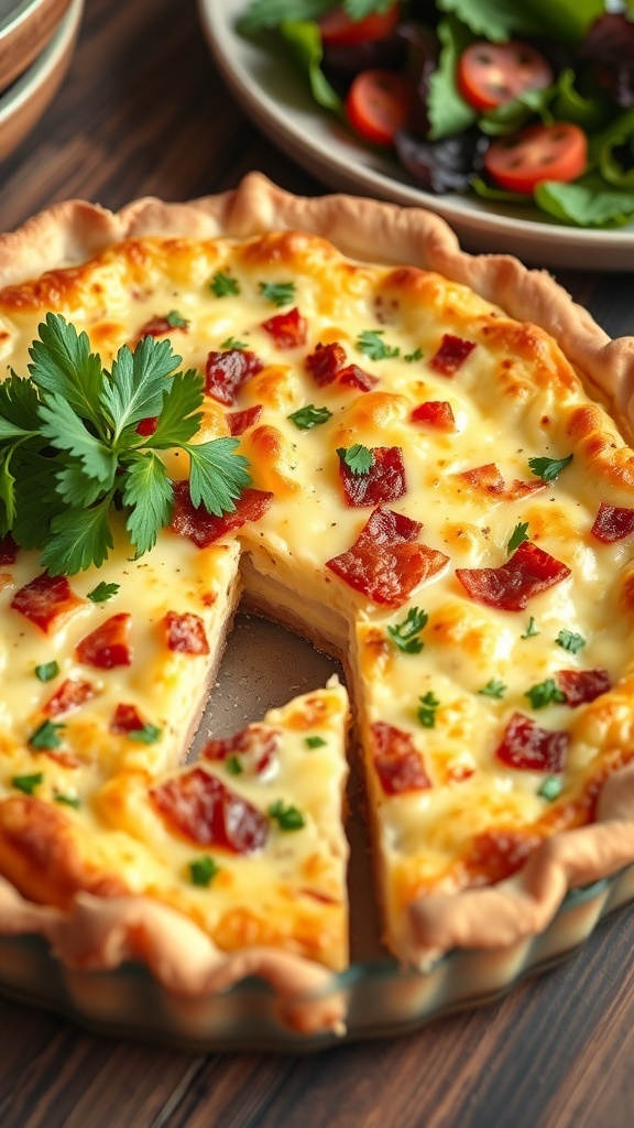 A slice of classic quiche Lorraine with bacon and cheese, garnished with parsley, on a rustic table.